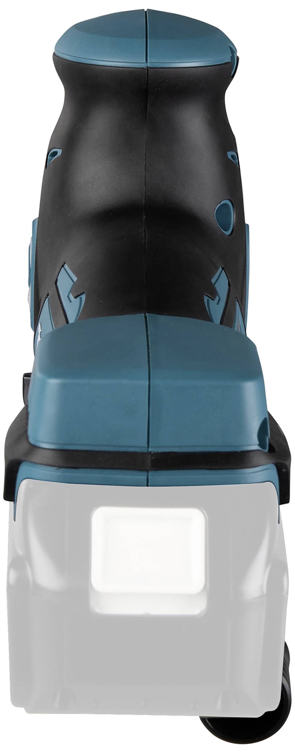 Un outil électrique avec un boîtier bleu-noir, probablement une meuleuse ou une scie sans fil ; vue de dos.