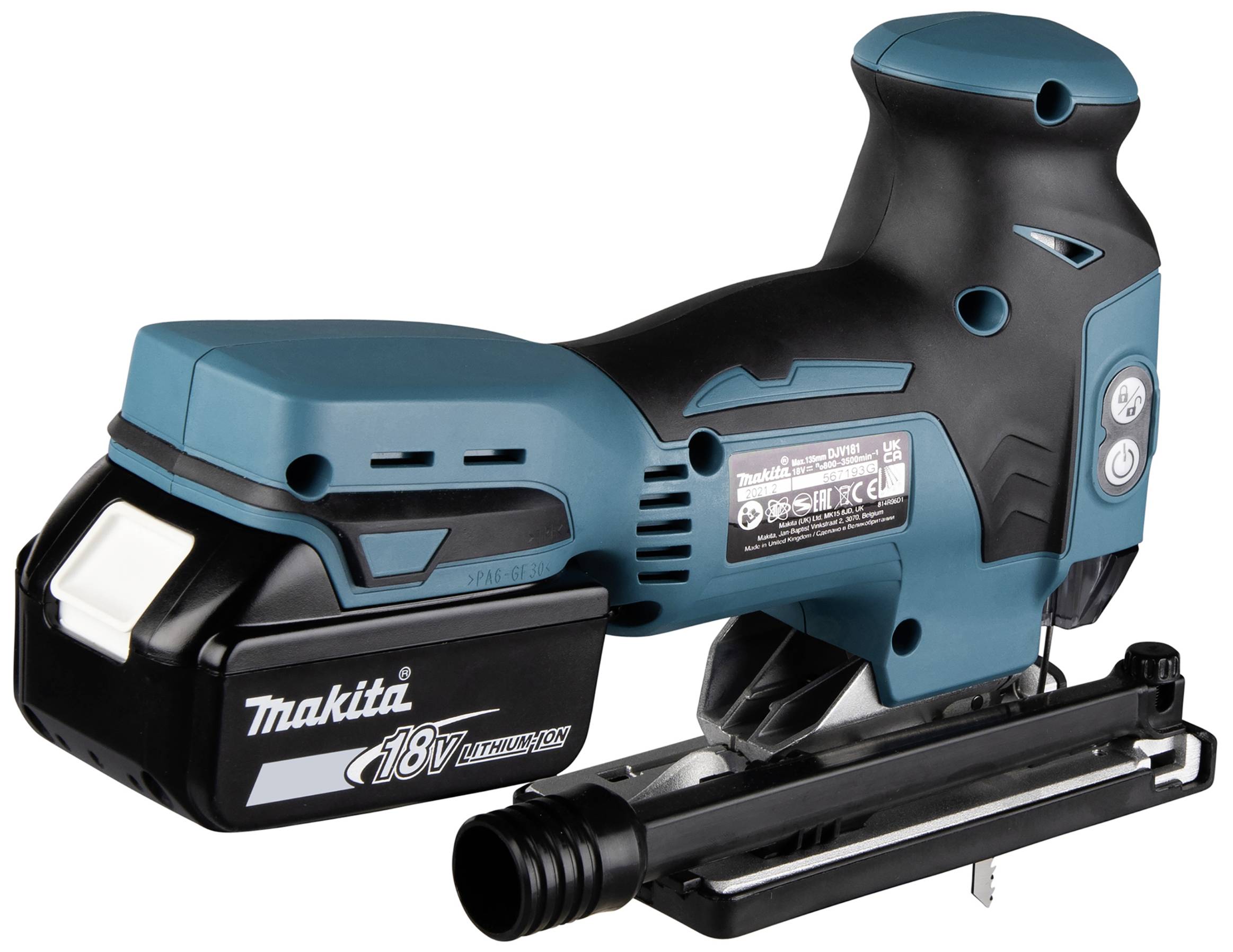 Cloueur sans fil Makita, 18V, boîtier noir et bleu, adapté aux travaux sur bois et projets de construction.