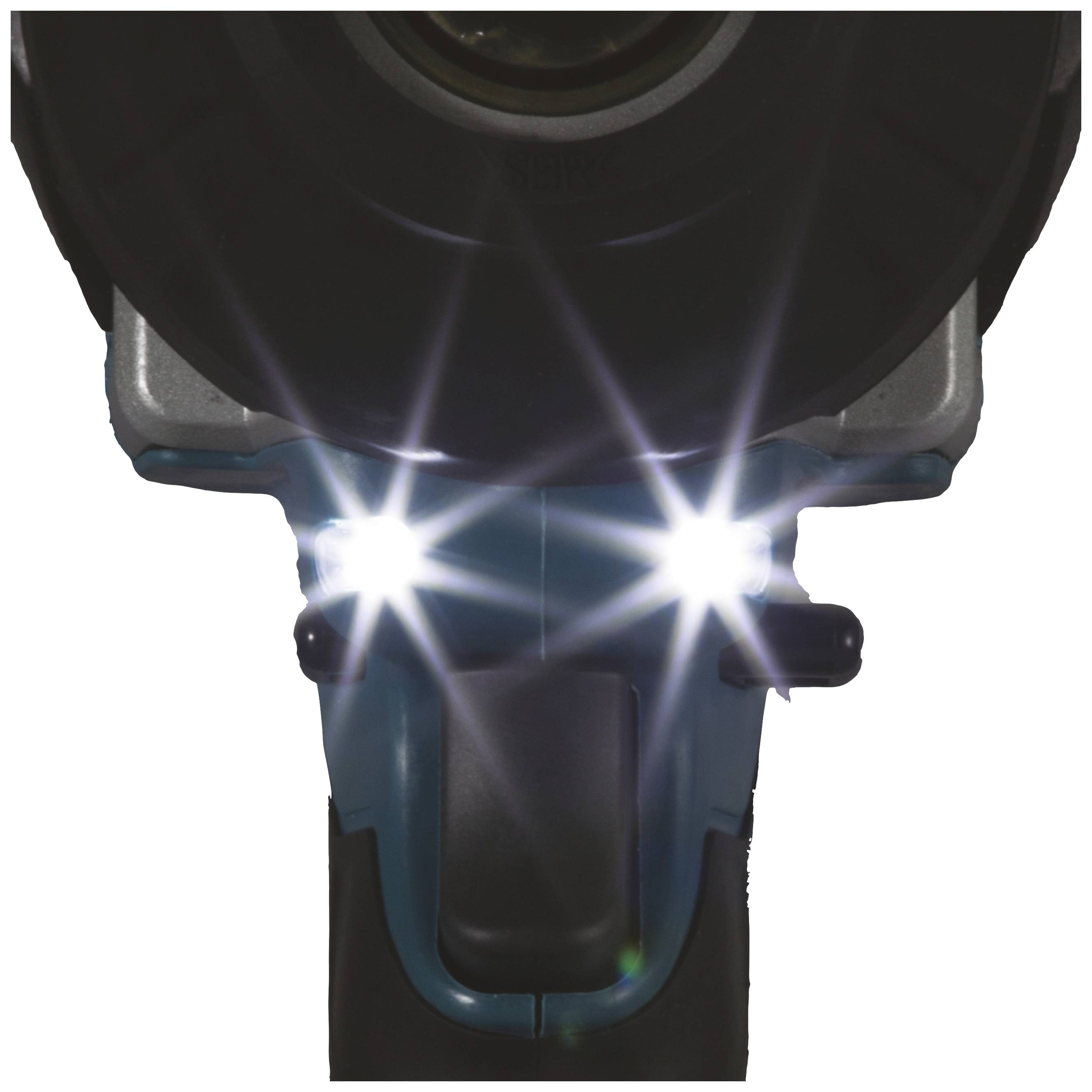 Vue de face d'un outil électrique équipé de deux lampes LED lumineuses qui assurent une meilleure visibilité pendant le travail.