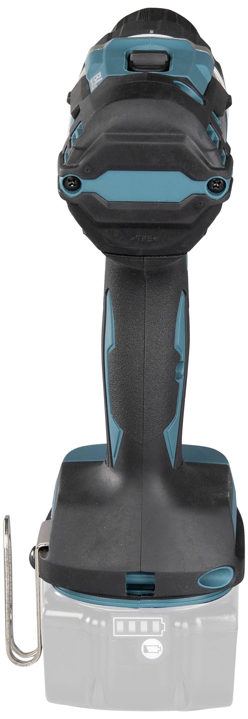 Un tournevis sans fil avec un boîtier bleu-noir, vu de face. En dessous, un crochet en acier inoxydable pour la fixation.