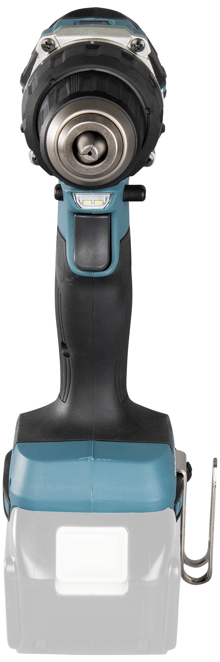 Visseuse-perceuse sans fil en vue de face, bleu et noir, sans batterie insérée. Outil pour bricoleurs et professionnels.