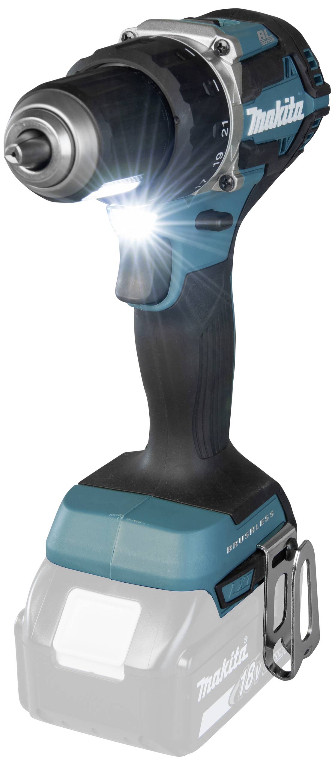 Un tournevis sans fil bleu-noir avec éclairage LED et poignée ergonomique. Marque bien visible.