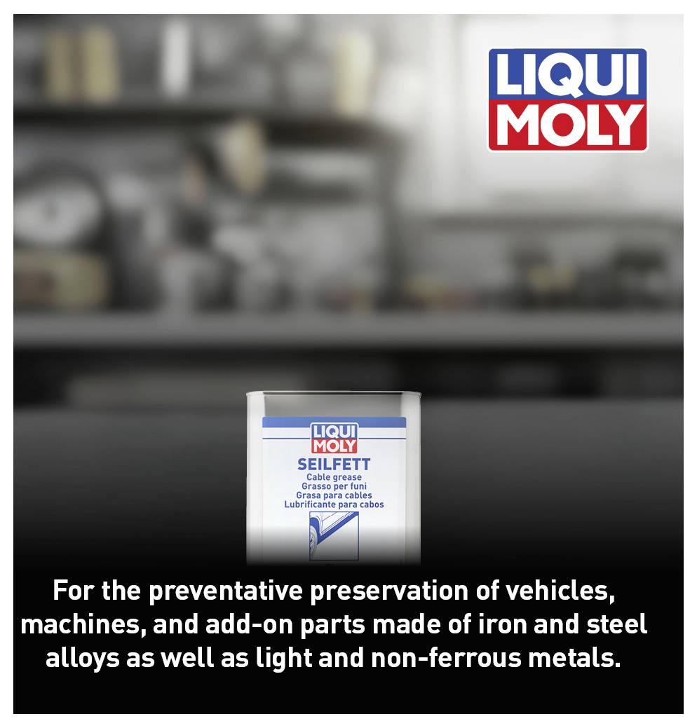 Boîte avec l'inscription "LIQUI MOLY Graisse de câble", recommandée pour la protection des pièces de véhicules et des machines en différents métaux.