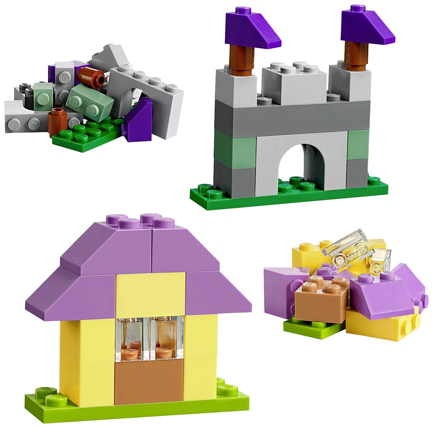 Blocs de construction représentant un petit château, une maison et une figure assise. Couleurs : Violet, Gris, Vert, Jaune.