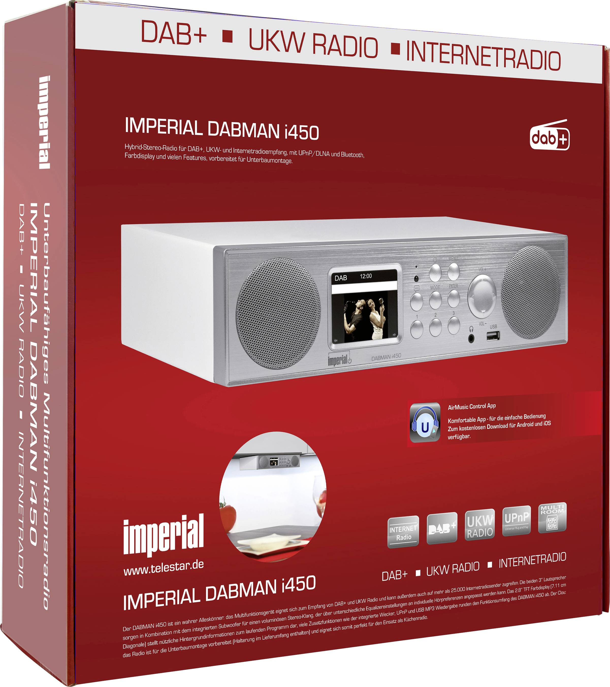 Emballage rouge d'un radio 'Imperial Dabman i450' avec DAB+, FM, radio Internet. Image de l'appareil et caractéristiques techniques visibles.