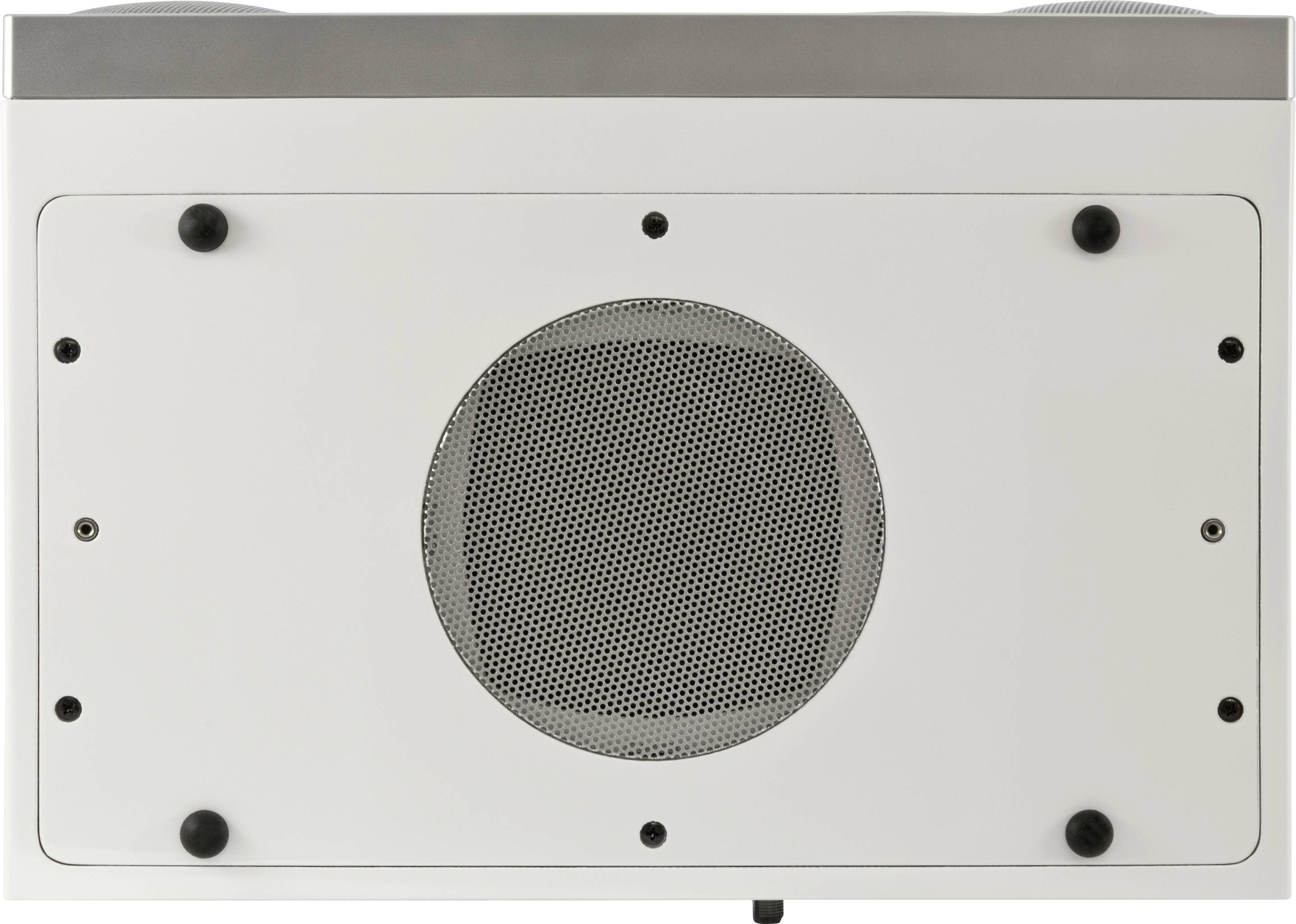 Un filtre à air blanc avec une grille de ventilateur centrale ronde, entourée de plusieurs petites vis de fixation.