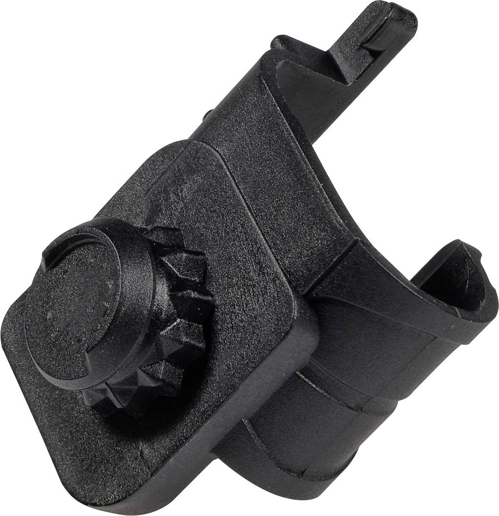 Un support en plastique noir ajustable avec une vis de blocage rotative, probablement destiné à être fixé sur un tube.