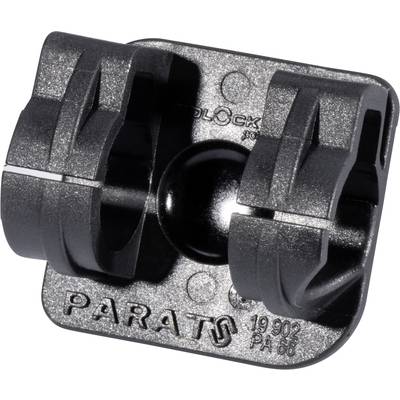 Support noir en plastique avec deux ouvertures rondes, adapté pour la fixation de barres ou de tubes, portant la mention 'PARAT' sur la face inférieure.