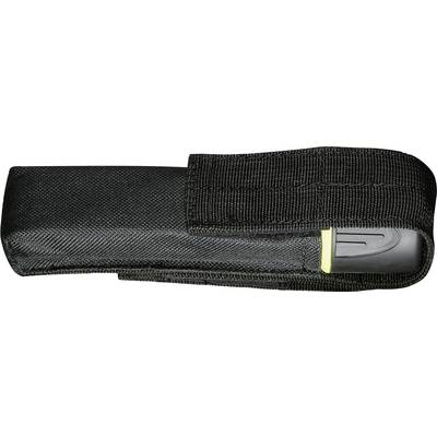 Étui en nylon noir avec fermeture velcro, ouvert sur le côté, montrant une partie d'un objet avec une bande jaune.