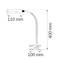 Illustration d'une lampe réglable avec dimensions : 110 mm de longueur, 100 mm de largeur de base, 400 mm de hauteur. Bras flexible, pince en bas.