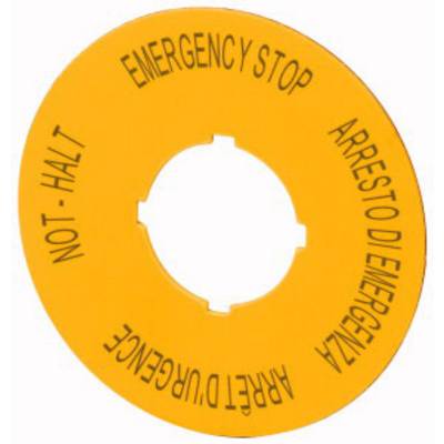 Panneau jaune portant l'inscription 'ARRÊT D'URGENCE' dans plusieurs langues, indiquant la fonction d'arrêt d'urgence. Rond, avec une découpe centrale.