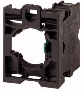 Un support rectangulaire noir en plastique avec un trou rond en son centre, couramment utilisé pour les interrupteurs électriques ou les boutons-poussoirs.