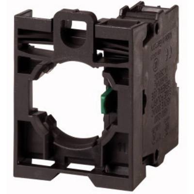 Un support rectangulaire noir en plastique avec un trou rond en son centre, couramment utilisé pour les interrupteurs électriques ou les boutons-poussoirs.