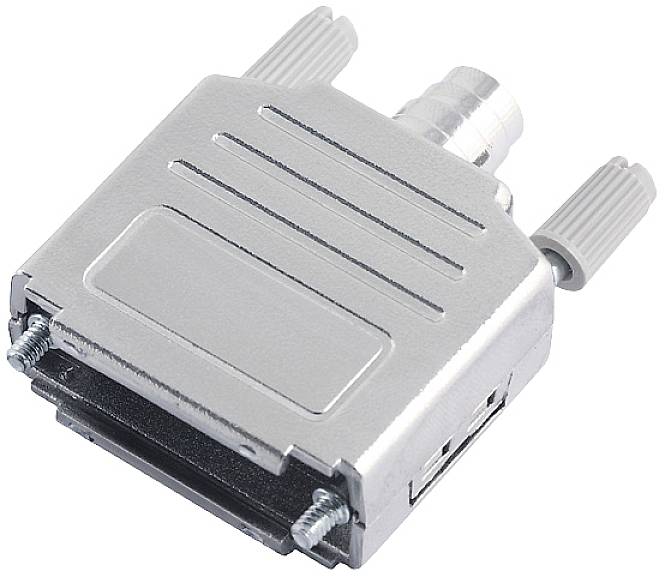 Un boîtier de connecteur D-Sub argenté, rectangulaire et coudé, équipé de deux vis latérales pour la fixation sur un câble.