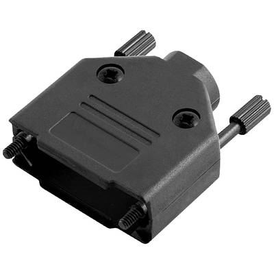 Boîtier de connecteur D-Sub noir avec vis de soulagement de traction et deux vis de fixation pour la fixation du câble.