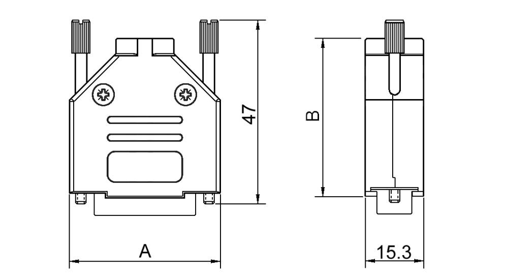 Dessin technique d'une prise. Vue de face à gauche avec largeur A, hauteur 47. Vue latérale à droite avec largeur 15,3 et hauteur B.