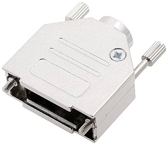 Boîtier métallique pour connecteurs D-Sub avec vis et entrée de câble, utilisé pour protéger et stabiliser les connexions.