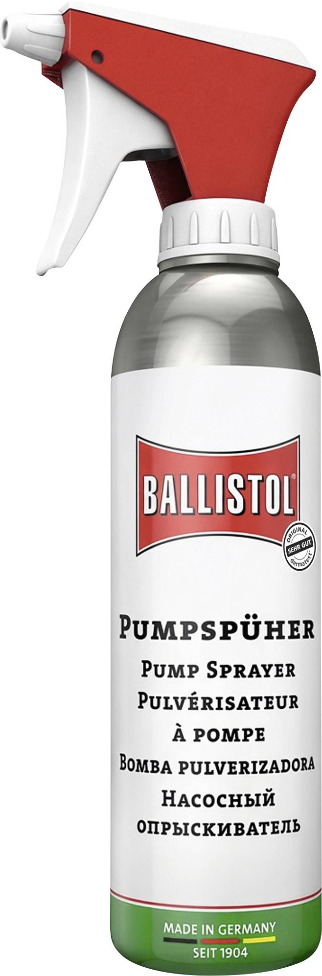 Flacon pulvérisateur avec pompe manuelle Ballistol avec tête de pulvérisateur rouge et blanc et étiquette multilingue, fabriqué en Allemagne.