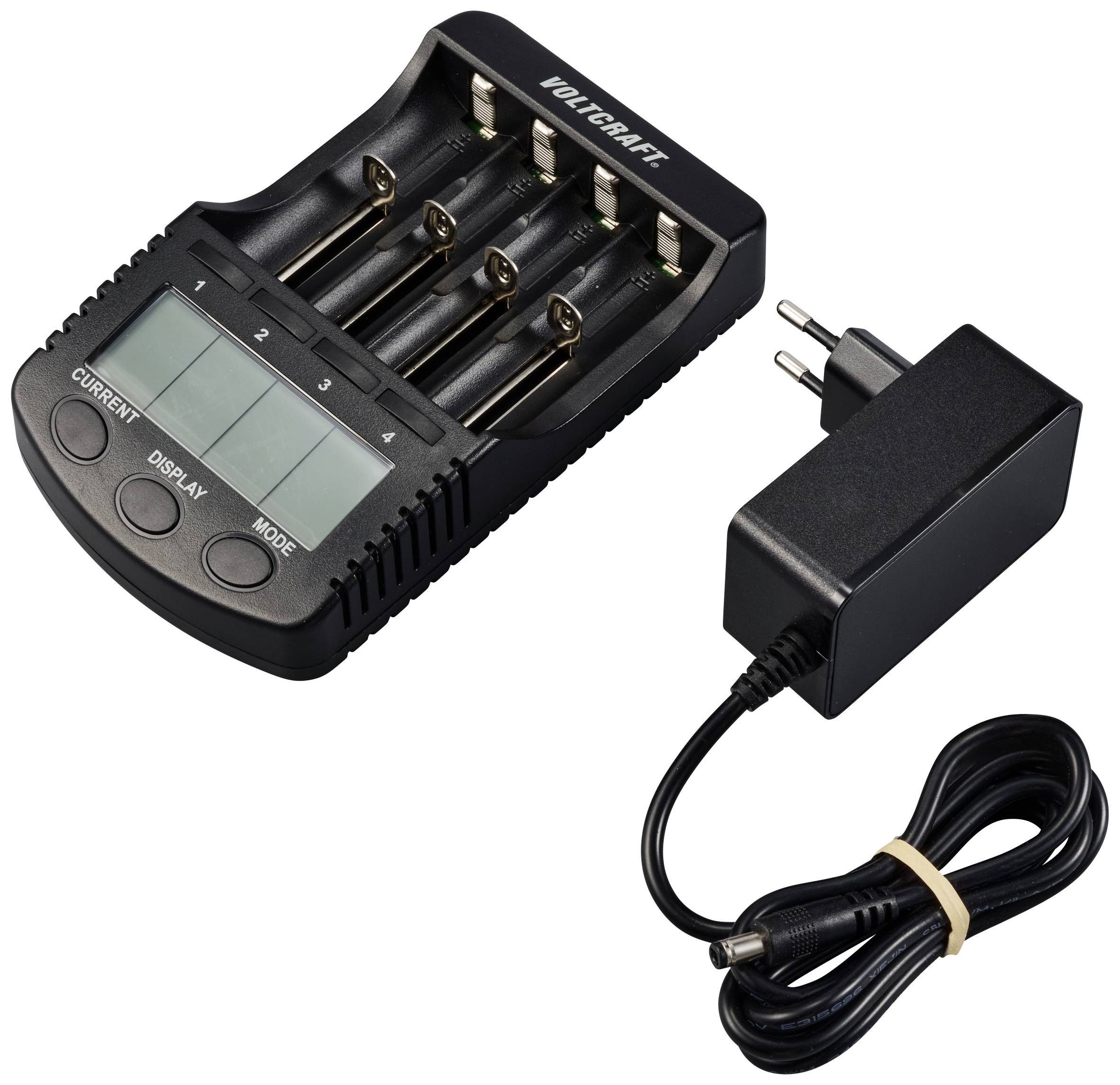 Chargeur pour quatre piles AA avec affichage numérique et touches de mode. Adaptateur secteur avec câble posé à côté.
