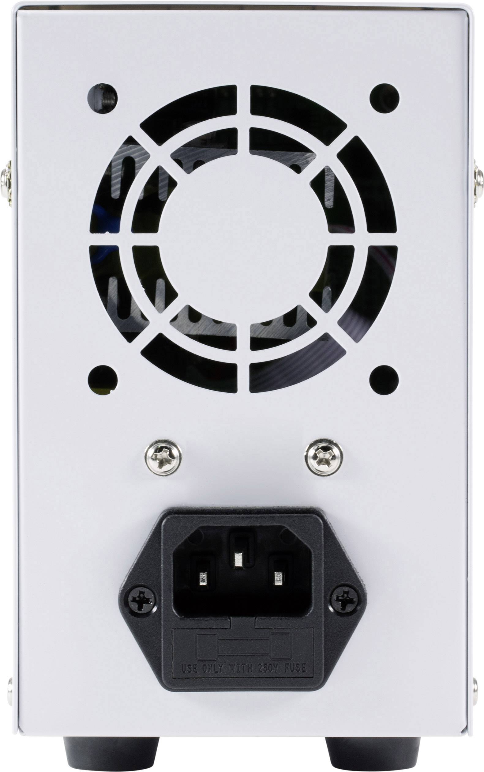 Un bloc d'alimentation avec un ventilateur en haut et une prise secteur triphasée en bas, adapté aux appareils électroniques.