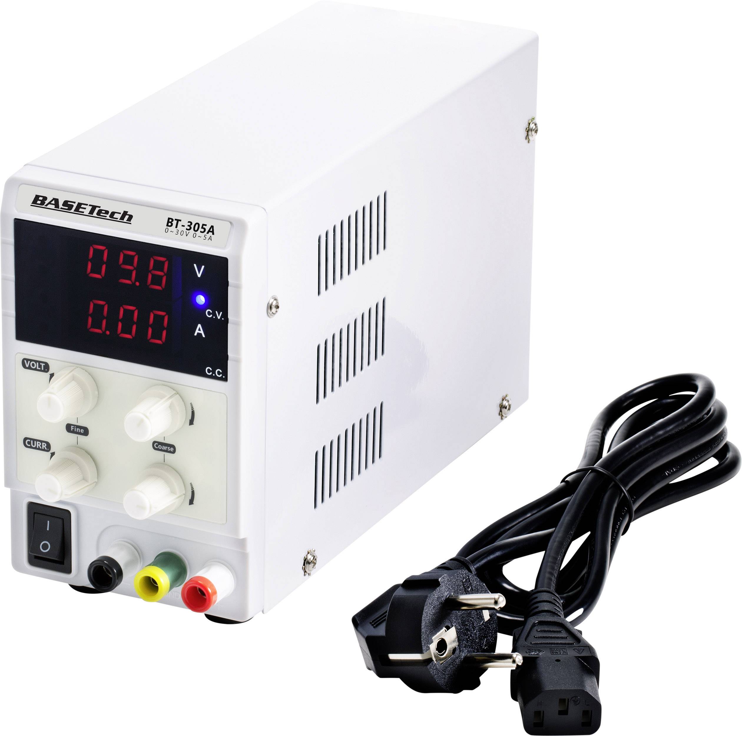 Un dispositif d'alimentation de laboratoire blanc avec des affichages numériques pour la tension (Volt) et le courant (Ampère). Il est équipé de boutons de réglage et d'un câble d'alimentation.