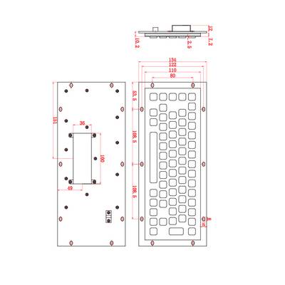 Dessin technique d'un composant avec des dimensions en millimètres. La vue de face montre une forme rectangulaire avec de nombreuses découpes carrées et une poignée. La vue latérale montre l'épaisseur et les points de fixation.