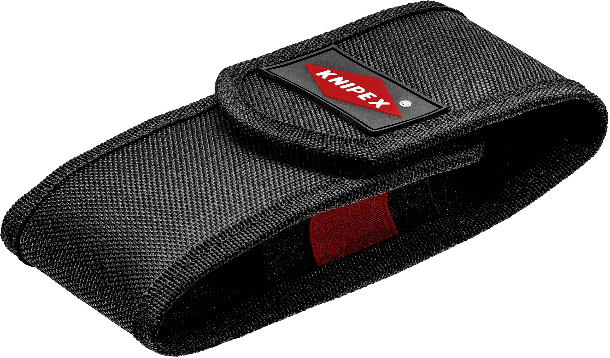 Sac à outils noir avec fermeture à scratch, logo de marque 'Knipex' visible en haut sur un fond rouge. Adapté pour être fixé à la ceinture.