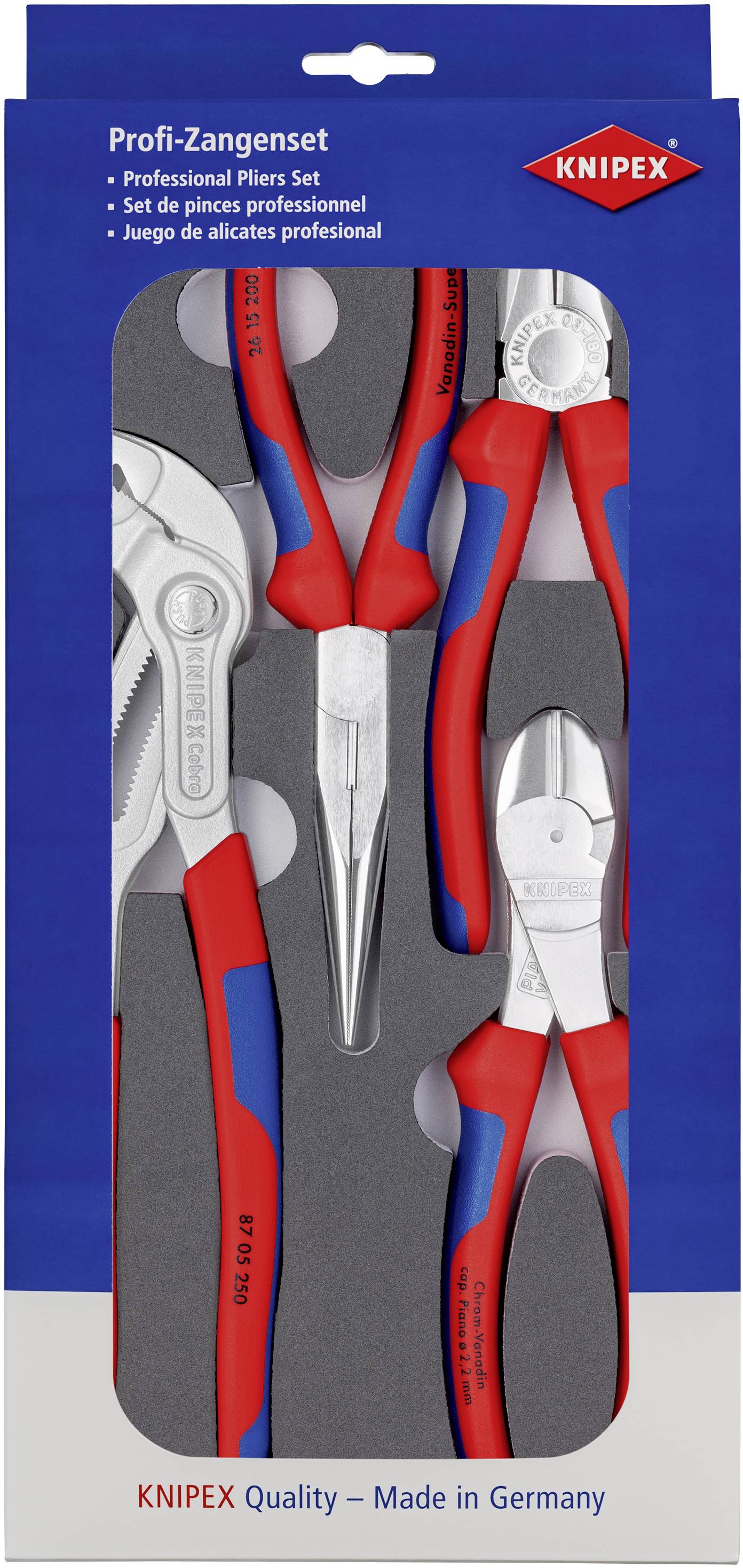 Ensemble de pinces professionnelles Knipex avec différentes pinces dans un emballage bleu, mis en évidence avec le texte 'Made in Germany'.