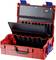 Valise rouge avec un insert noir montrant plusieurs poches pour le rangement des outils. Poignée de transport et fermetures latérales présentes.