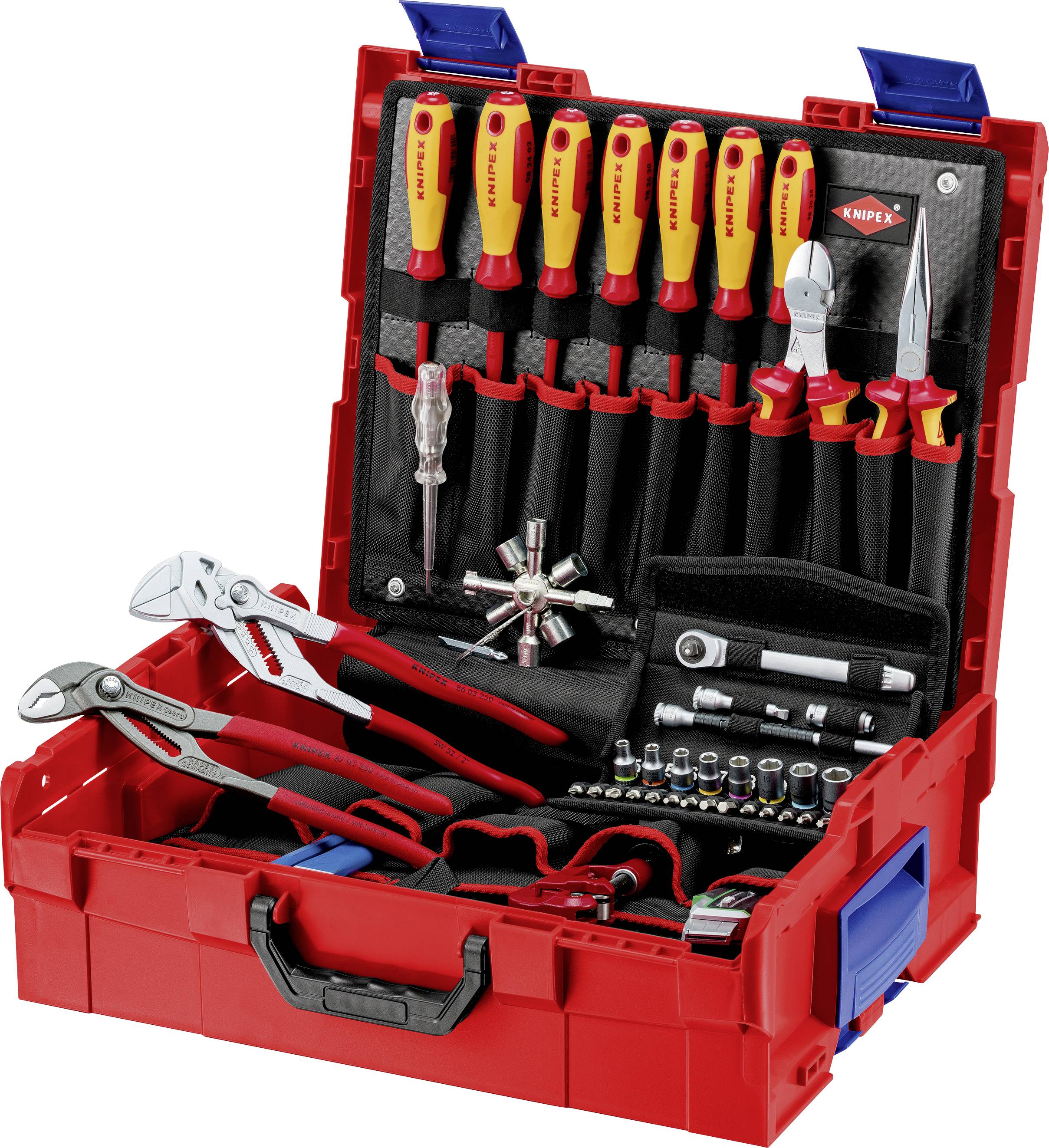 'Boîte à outils rouge contenant des tournevis, des pinces et d'autres outils manuels. Marque de l'outil visible à l'intérieur.'