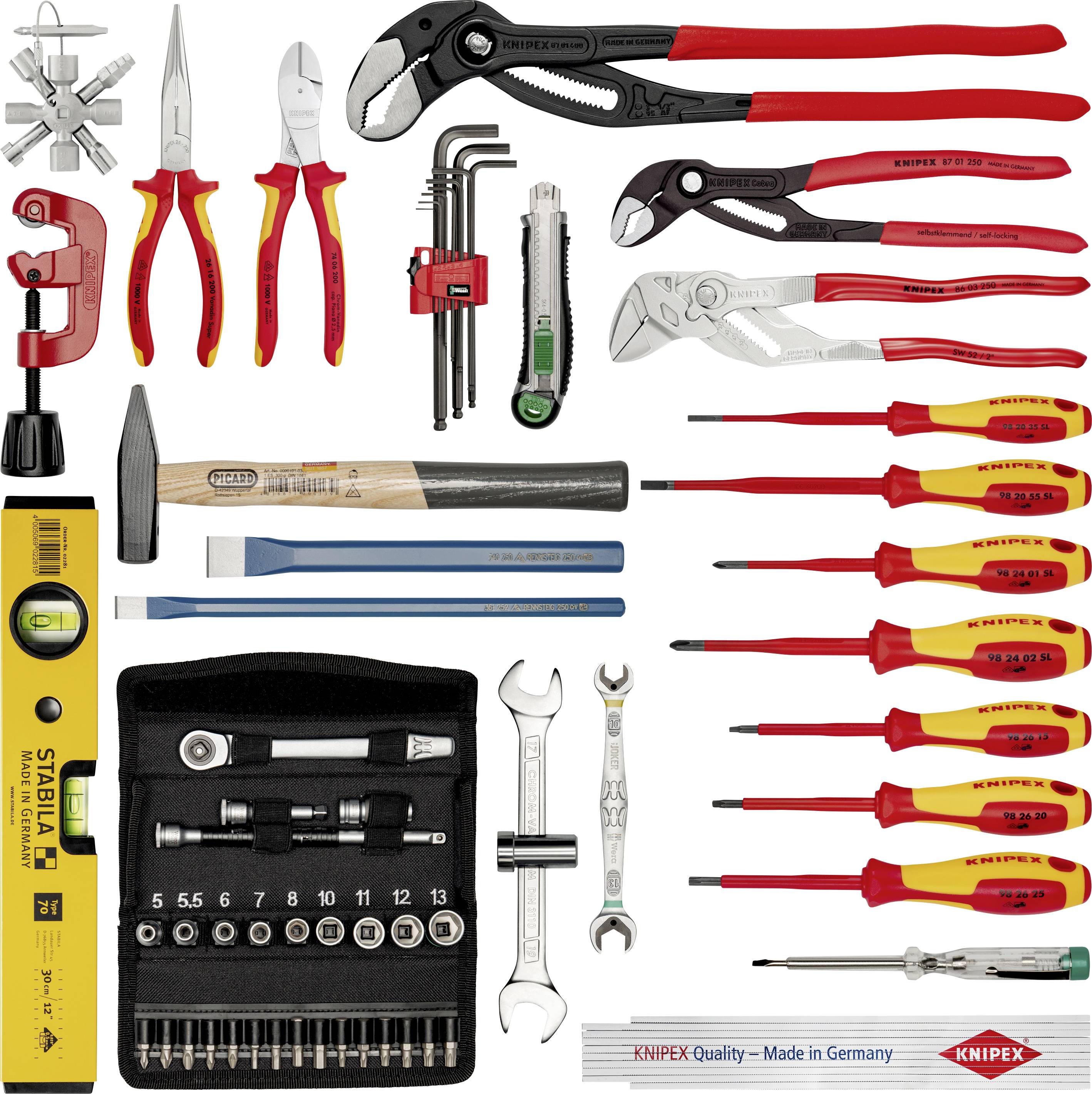 Ensemble d'outils comprenant des tournevis, des pinces, un marteau et des clés à douille. Parfait pour divers travaux de réparation et de montage.