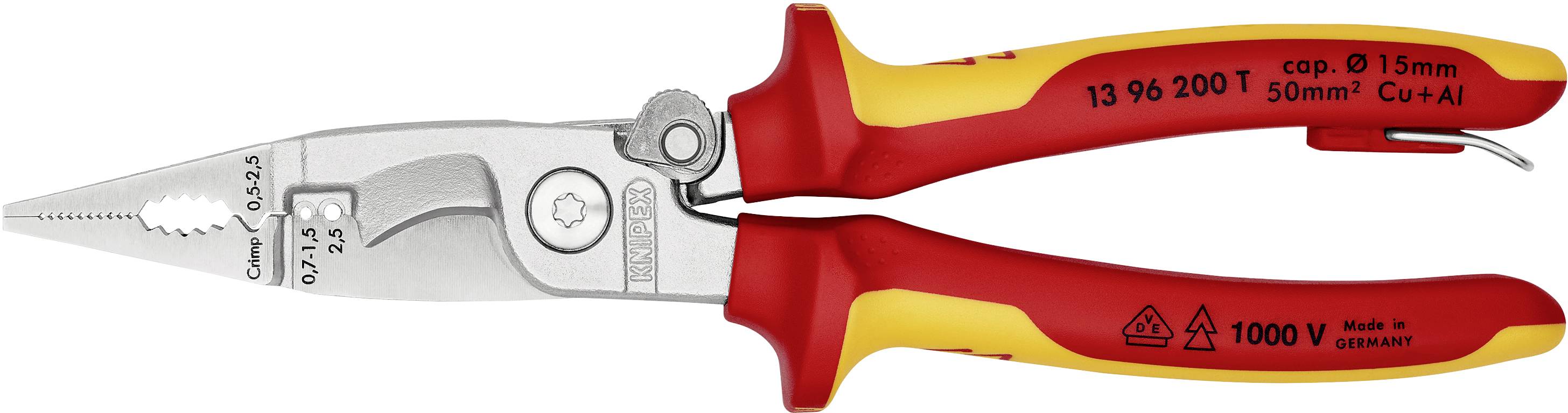 Pince à dénuder avec poignée jaune et rouge, adaptée pour les câbles jusqu'à 1000 V ; indique les dimensions 'cap. 0,5 mm' et '13 96 200 T' sur la lame.
