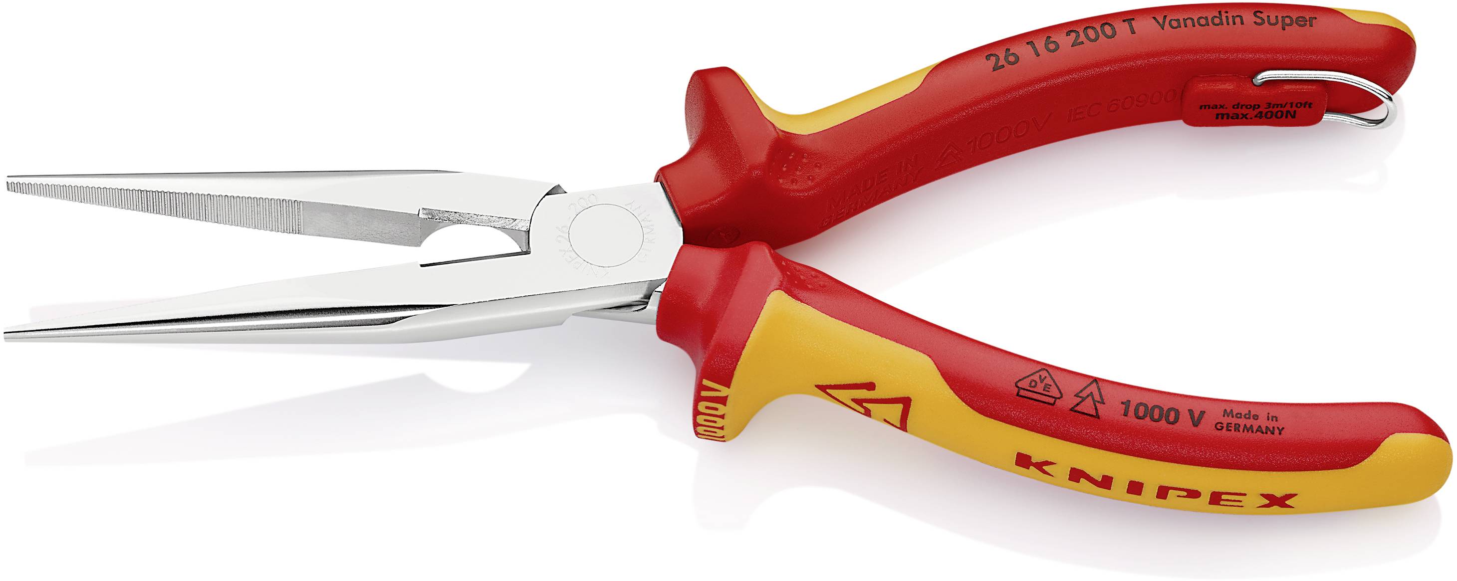 Pince multifonction rouge de Knipex avec poignées jaunes, numéro de modèle 26 16 200 T, testée VDE, adaptée aux travaux jusqu'à 1000 volts.