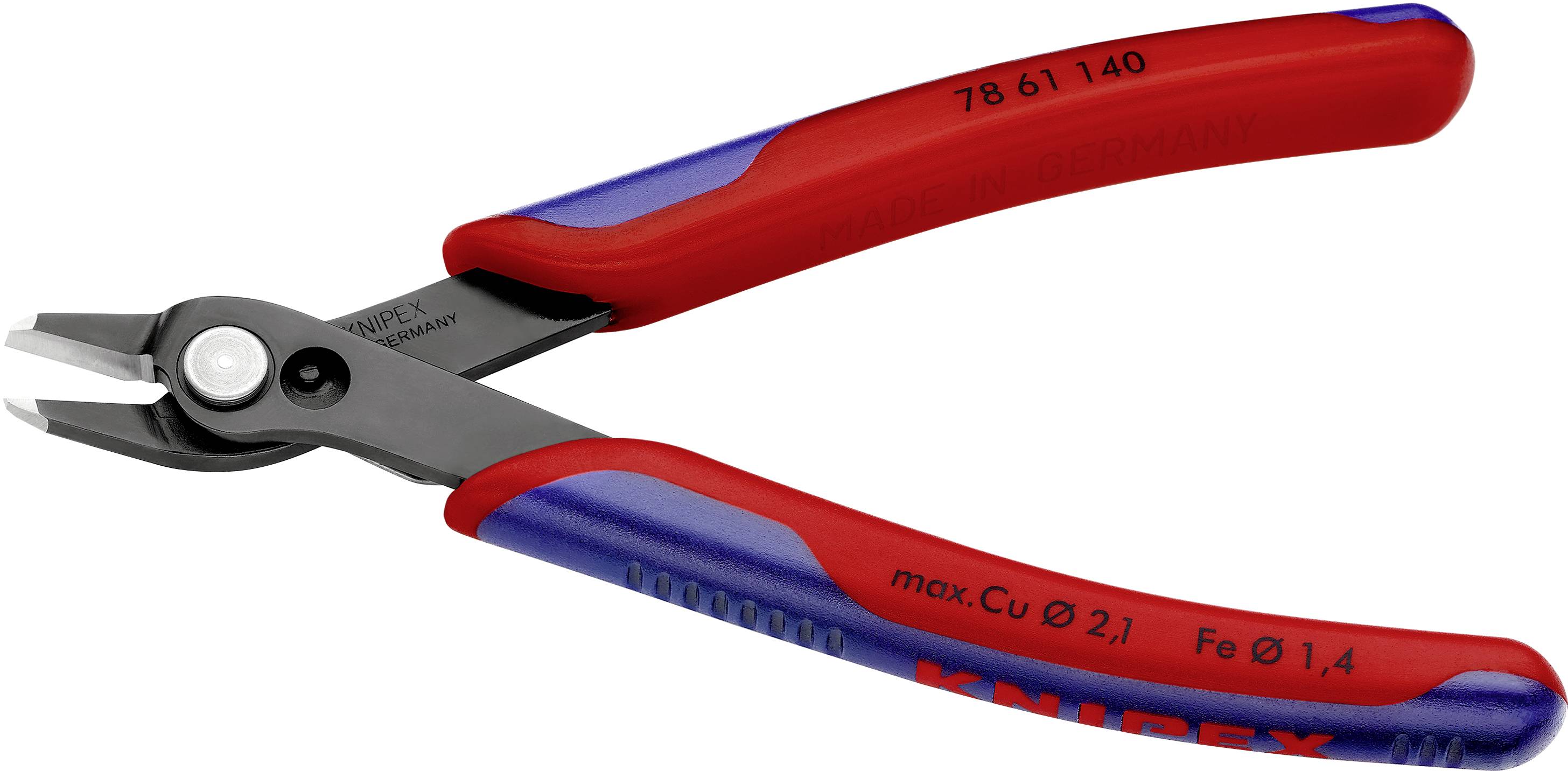 Pince coupante latérale avec poignée rouge et bleue, modèle Knipex 78 61 140, adaptée pour les fils de cuivre (max. 2,1 mm) et les fils de fer (jusqu'à 1,4 mm).