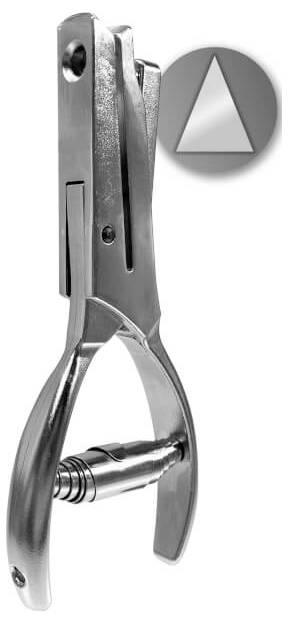 Un outil de perforatrice métallique avec un mécanisme à levier et à ressort, positionné verticalement. À droite, un cercle avec une découpe triangulaire est représenté.