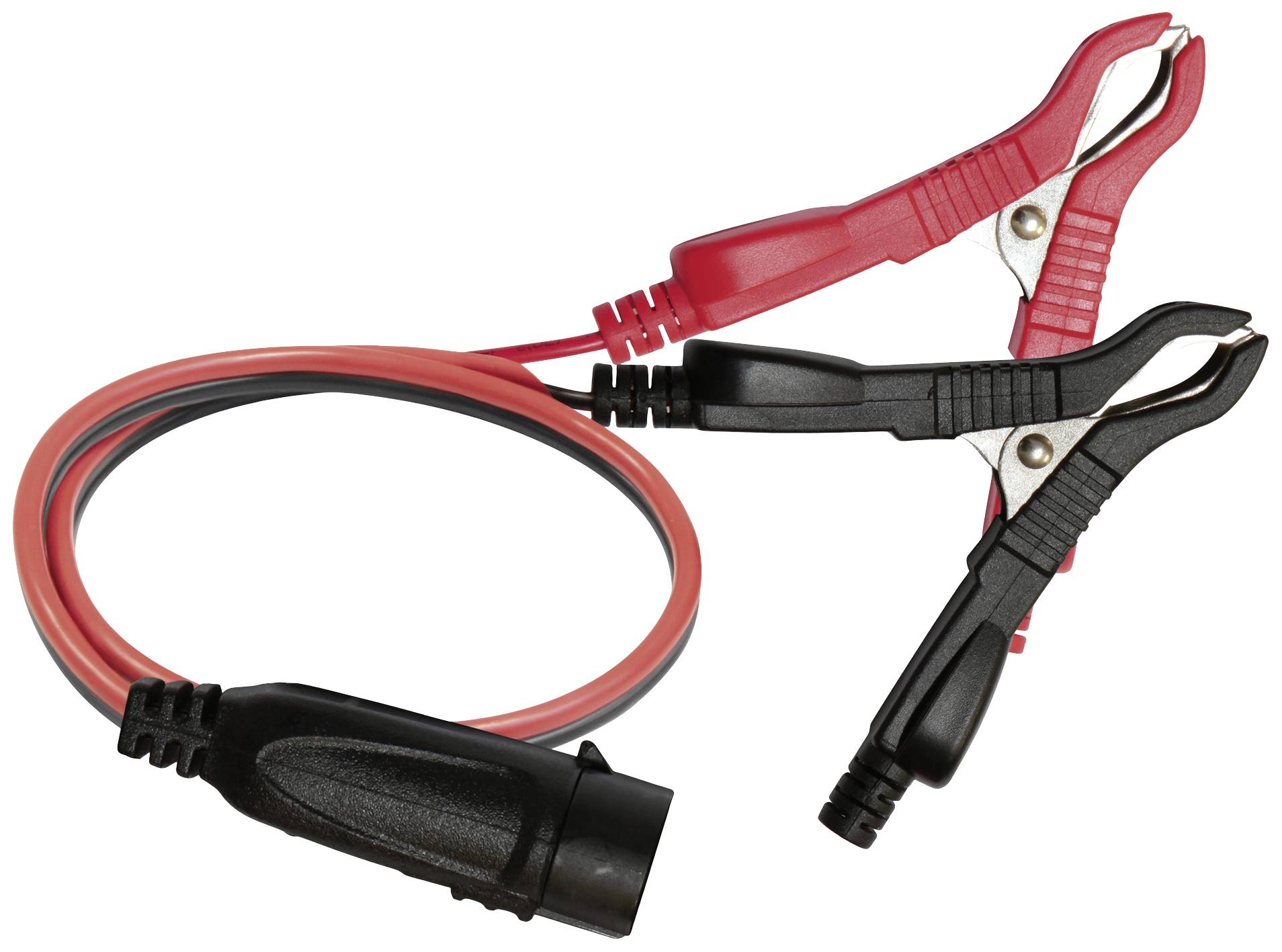 Câble de démarrage rouge et noir avec pinces crocodiles aux extrémités, adapté pour connecter des batteries de voiture.