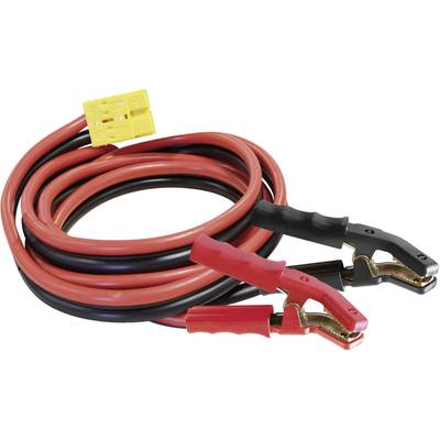 Câbles de démarrage avec pinces rouges et noires, utilisés pour faire le pont entre des batteries de voiture.