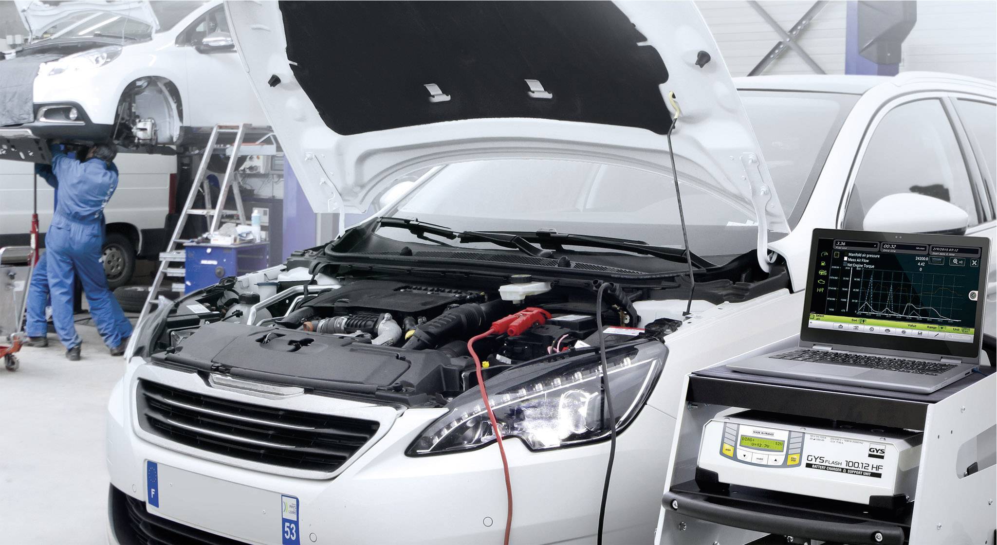Une scène d'atelier automobile : Une voiture blanche, capot ouvert, est en cours de diagnostic. Un ordinateur portable affiche les données du véhicule. En arrière-plan, un mécanicien soulève une autre voiture.