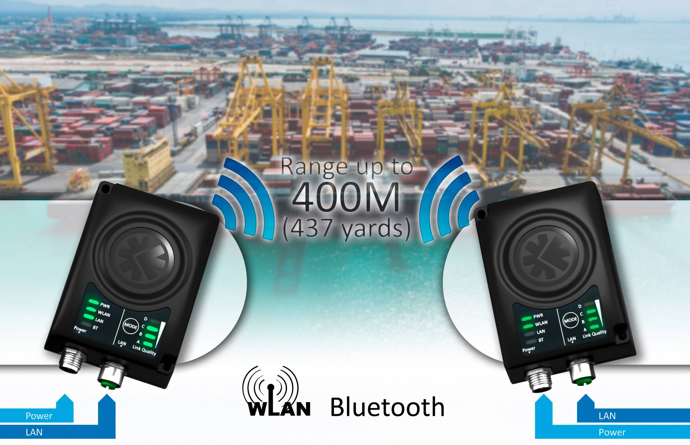 Deux radios portatives avec des antennes montrent une portée de communication allant jusqu'à 400 mètres via Bluetooth et Wi-Fi, avec un port en arrière-plan.