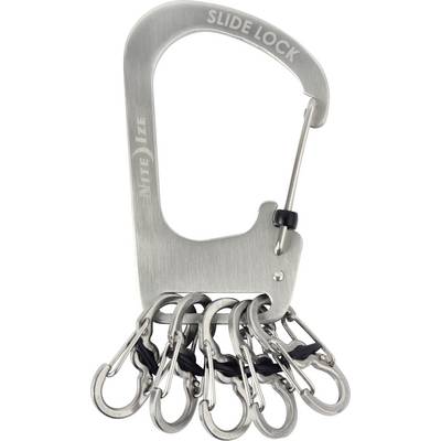 Un mousqueton en métal avec fonctionnalité 'Verrouillage à glissière' comprenant six petits clips en forme de S attachés, conçu pour accrocher des clés ou de petits objets, permettant une fixation facile.