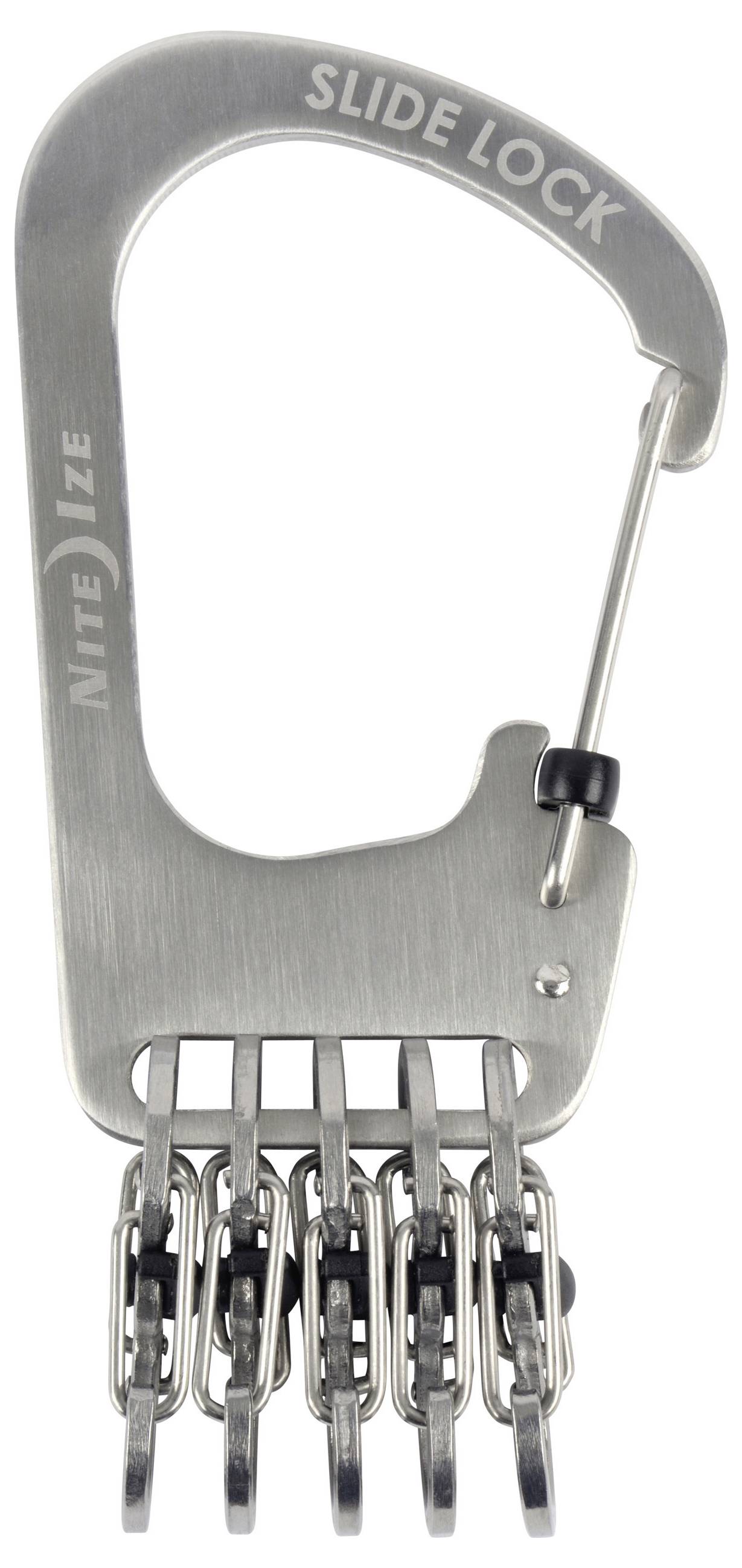 Mousqueton avec mécanisme de verrouillage à glissière et cinq anneaux porte-clés, conçu pour maintenir des clés ou de petits objets de manière sécurisée.