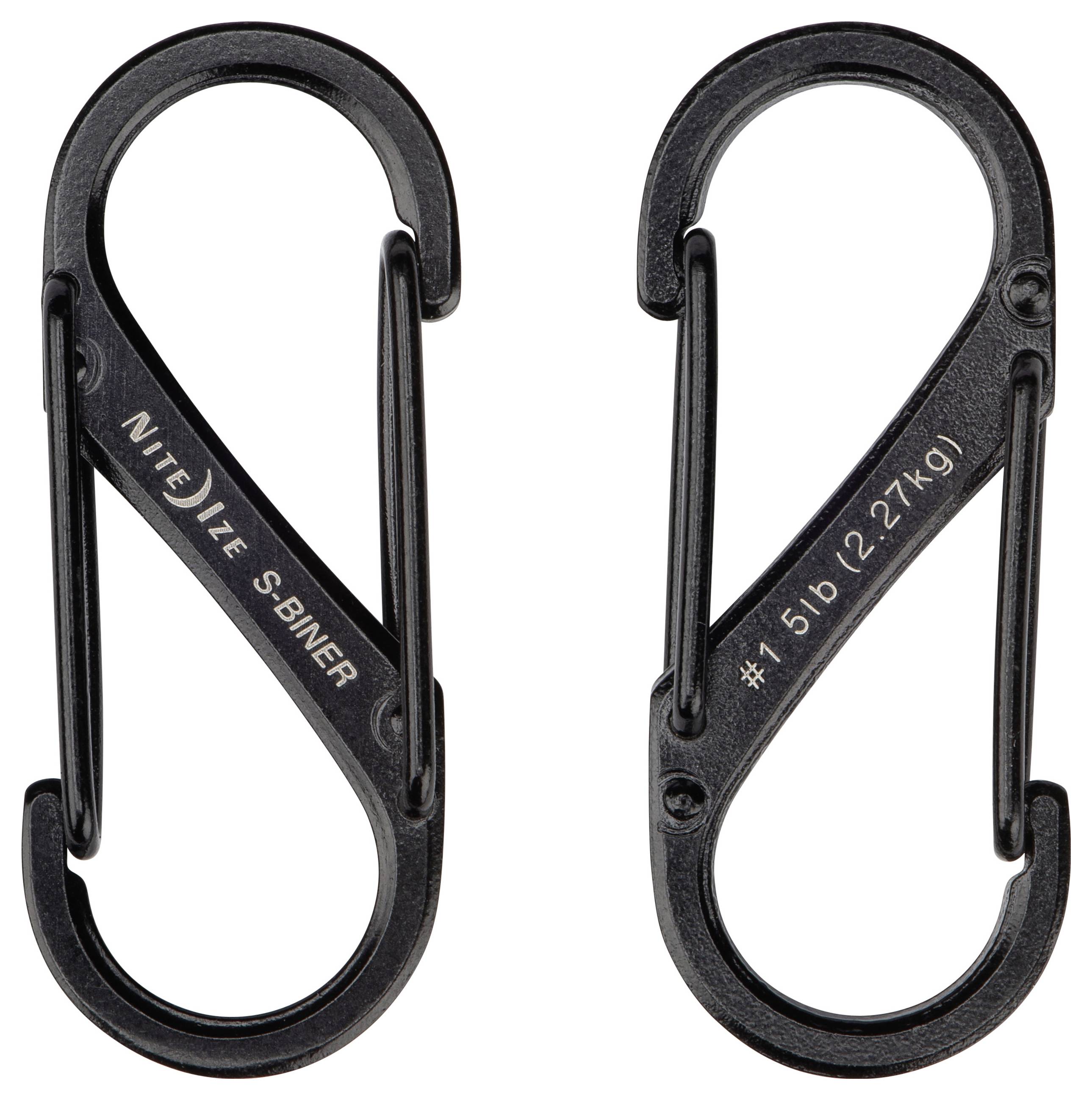 Deux clips S-biner noirs, étiquetés « Nite Ize S-Biner » et « #15lb (2,27 kg) », présentant leur design et leur capacité de charge.