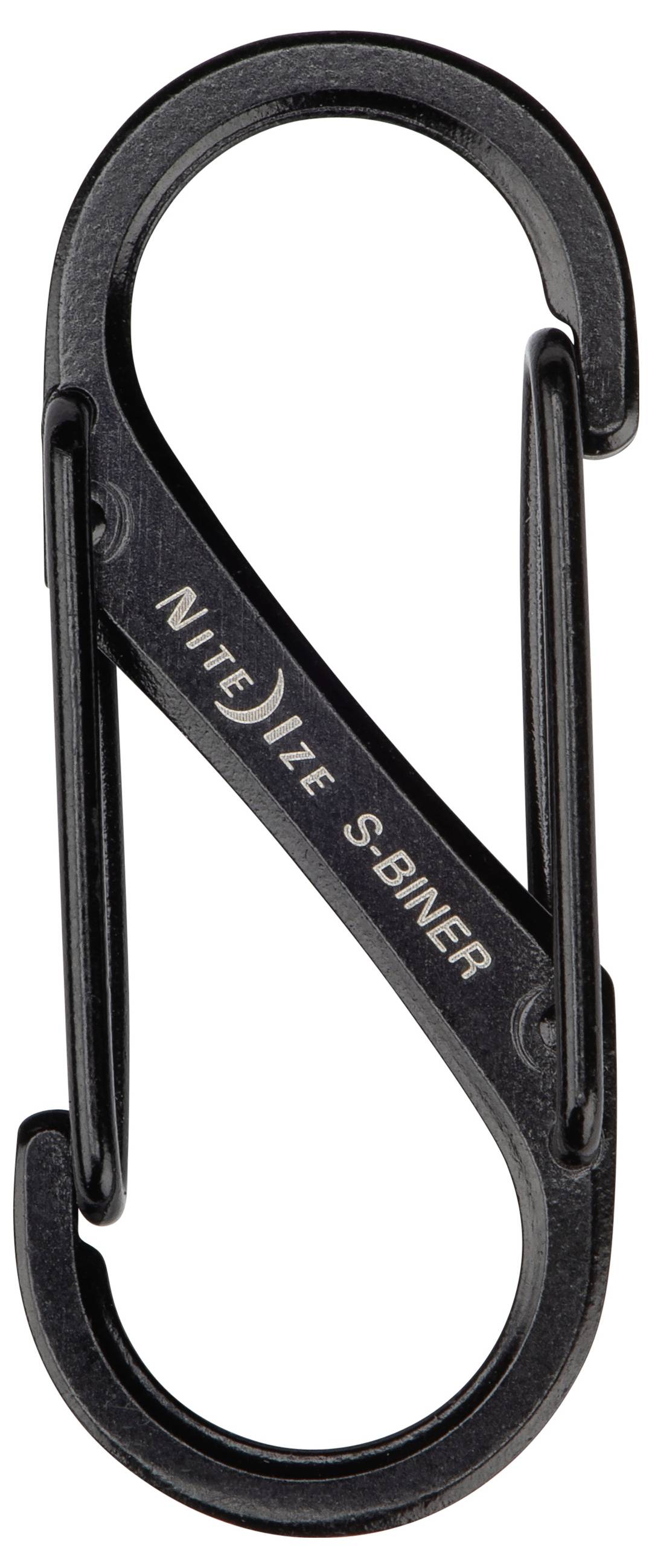 Un mousqueton noir en forme de S étiqueté 'Nite Ize S-Biner', conçu pour attacher ou sécuriser des objets, doté de deux fermetures à gate.
