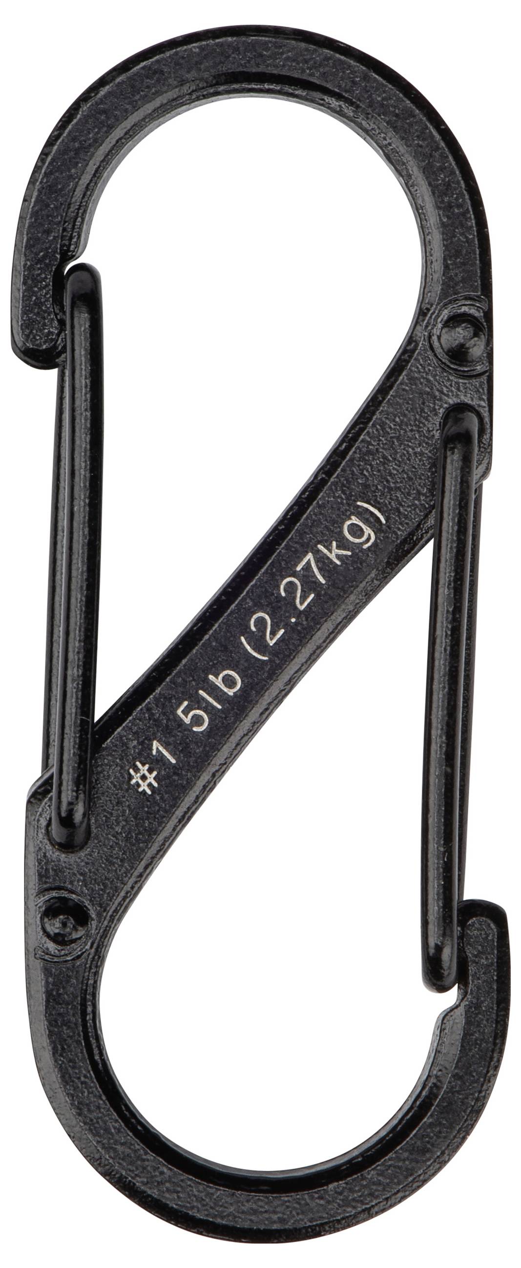 Un mousqueton noir en forme de S avec deux portillons et une indication de limite de poids de « 1,5 lb (2,27 kg) ».