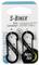 Lot de deux mousquetons doubles S-Biner en acier inoxydable noir, chacun avec une capacité de charge de 5 lb (2,3 kg), présentés sur une carte de marque.