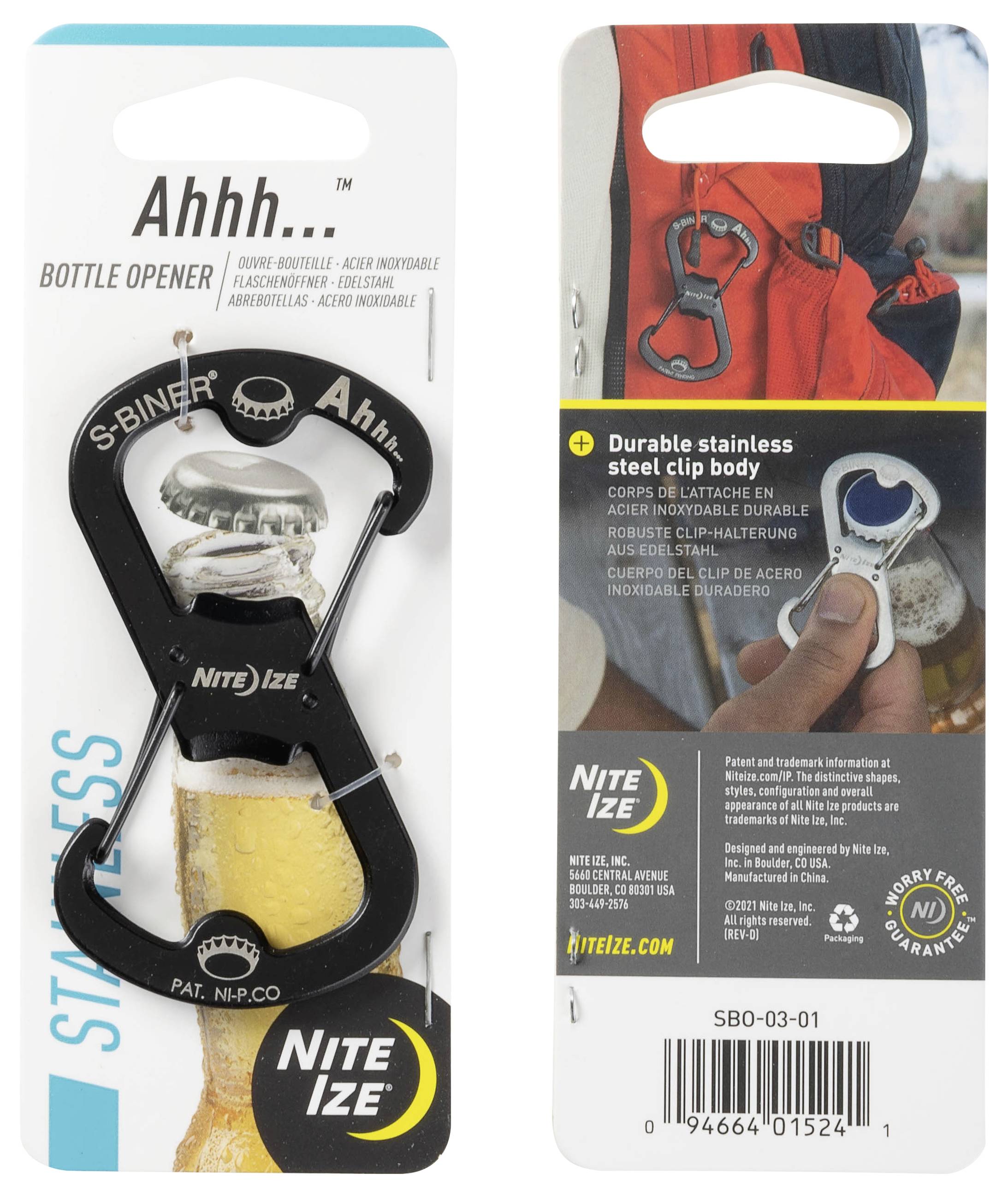 « Ahhh... Ouvre-bouteille » présente un décapsuleur à clip en acier inoxydable noir et robuste, doté d'une double fonctionnalité ; avec la marque Nite Ize.