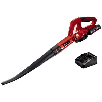 Souffleur de feuilles à batterie en rouge et noir avec chargeur, adapté pour enlever les feuilles et les débris des chemins ou des surfaces enherbées.