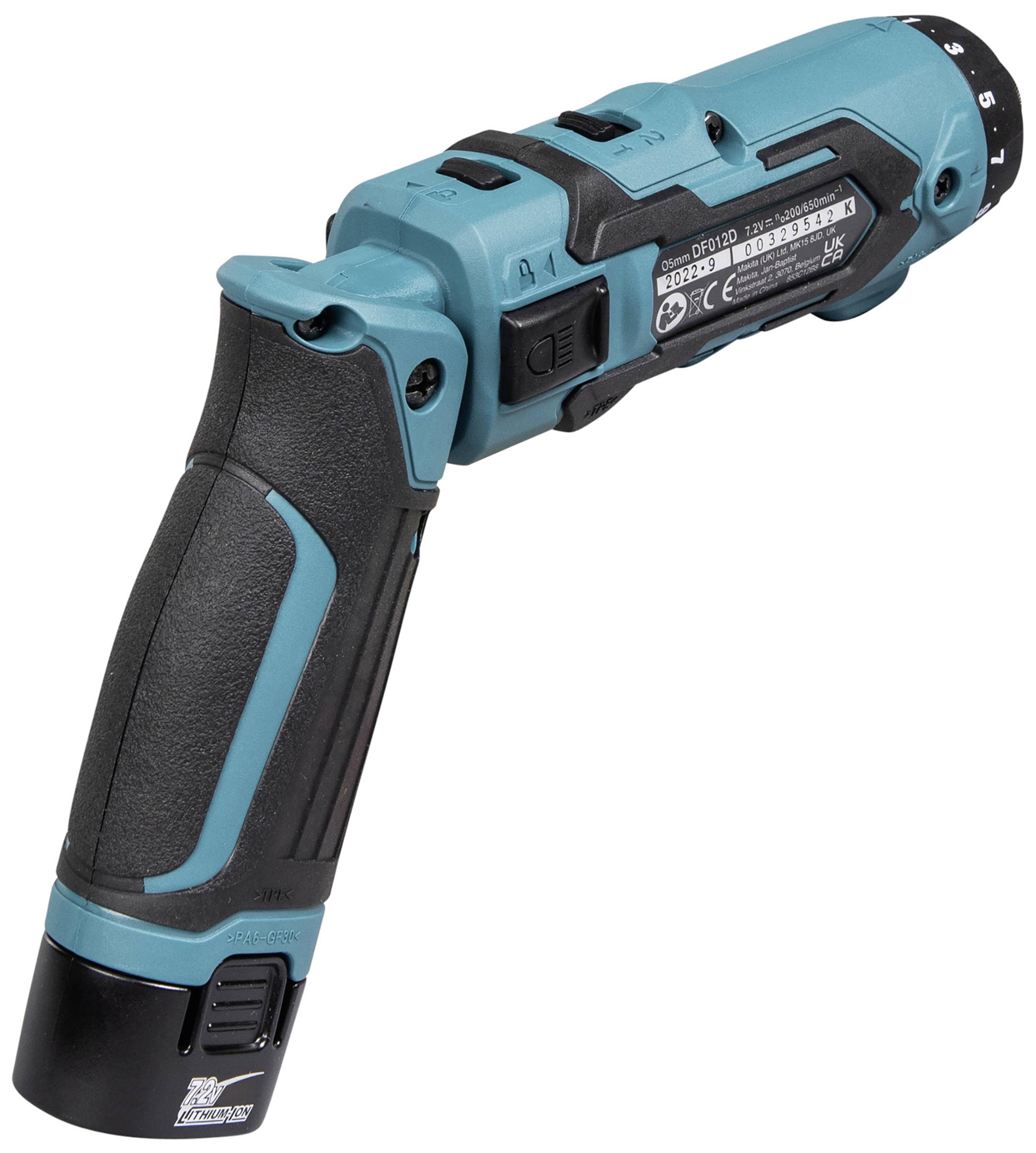 Un tournevis sans fil à batterie avec une poignée ergonomique et un design vert et noir. La partie supérieure présente les commandes et les informations du fabricant.