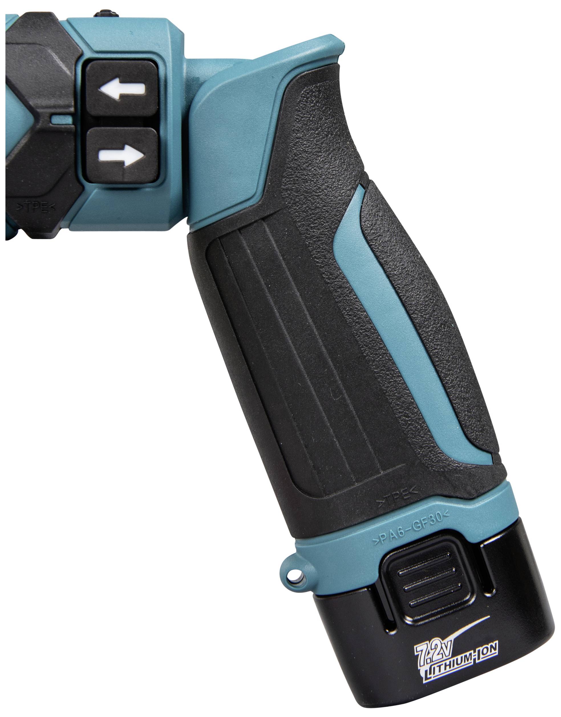 Poignée bleue et noire d'un appareil à batterie avec deux touches de flèches directionnelles et un indicateur de batterie lithium-ion '7,2V'.