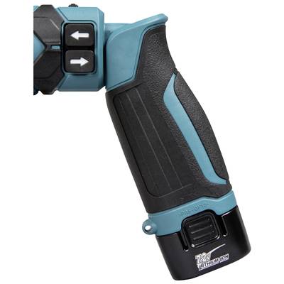 Poignée bleue et noire d'un appareil à batterie avec deux touches de flèches directionnelles et un indicateur de batterie lithium-ion '7,2V'.